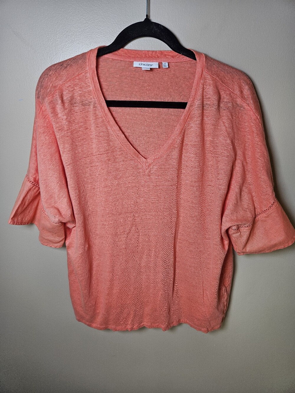 Chico's Orange Coral 100% Linen Vneck Lightweight TShirt XXL Breathable Summer